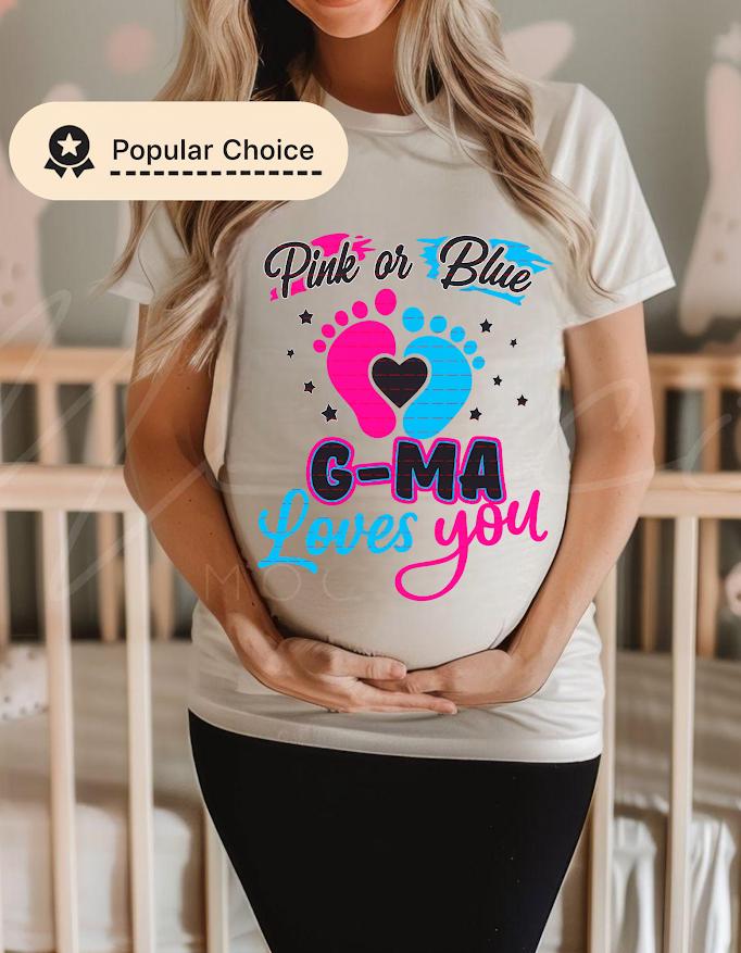 Pink or Blue G-Ma Loves You Shirt Png file, Gender Reveal Tee, Baby Shower Announcement Gift, Cute Pregnancy Reveal Footprint Heart Design