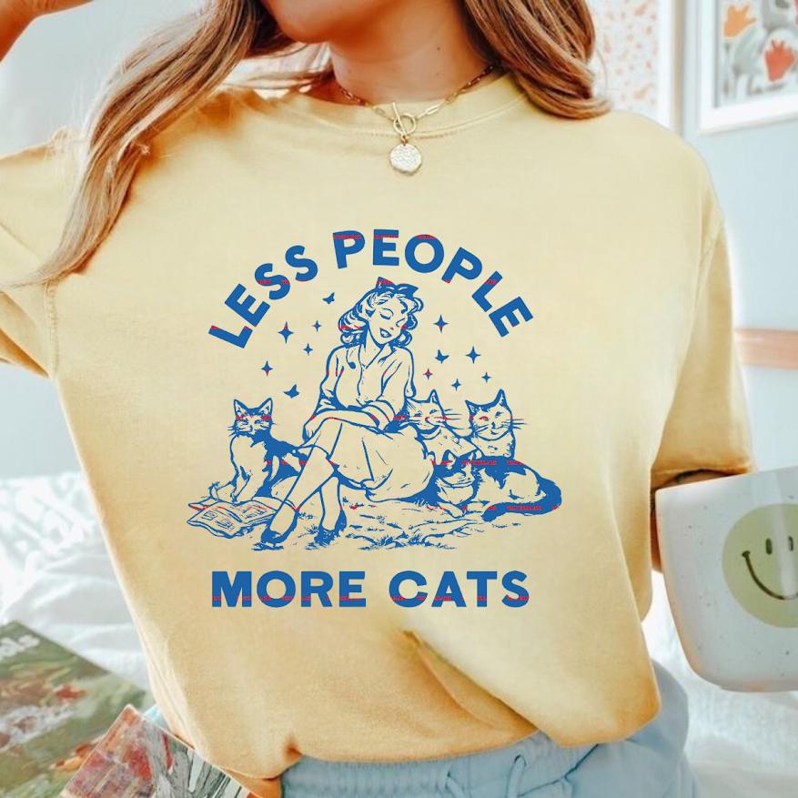 Less People More Cats PNG, Funny Cat Lover, Vintage Woman Cat Art Design, Retro Cat Shirt Sublimation PNG Digital Download