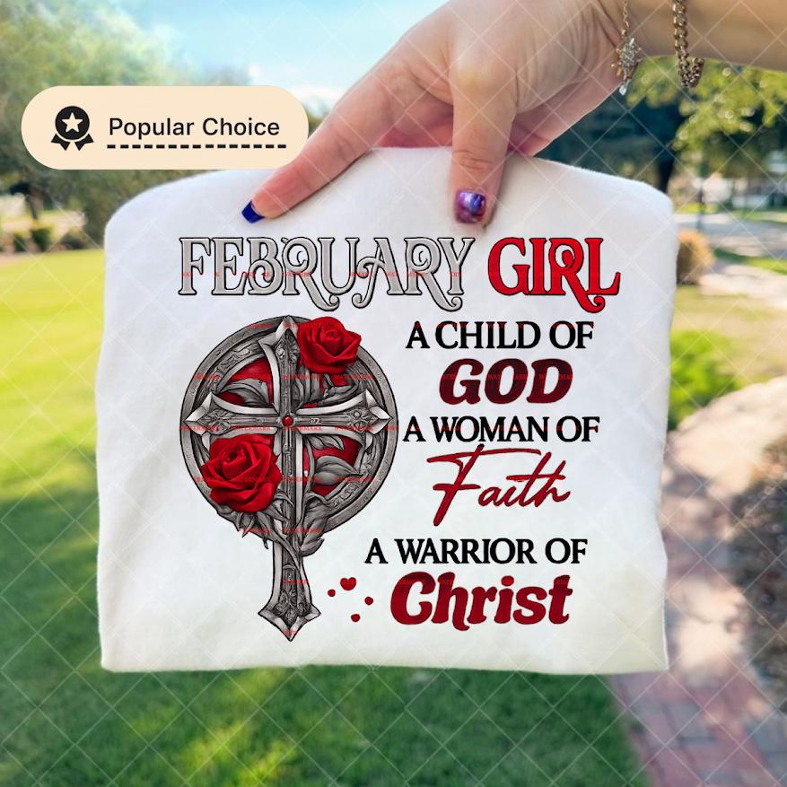 February Girl Faith PNG, A Child of God Woman of Faith Design, Christian Cross Rose Artwork for Shirts, Religious Women Graphic, Christian