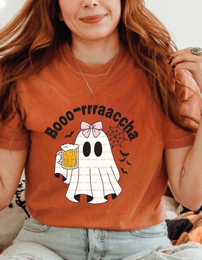 Funny Halloween Ghost With Beer Mug And Pink Bow Boo Rraaccha Design, Cute Spooky Drinking Ghost PNG For Sublimation Shirts, boo racha png