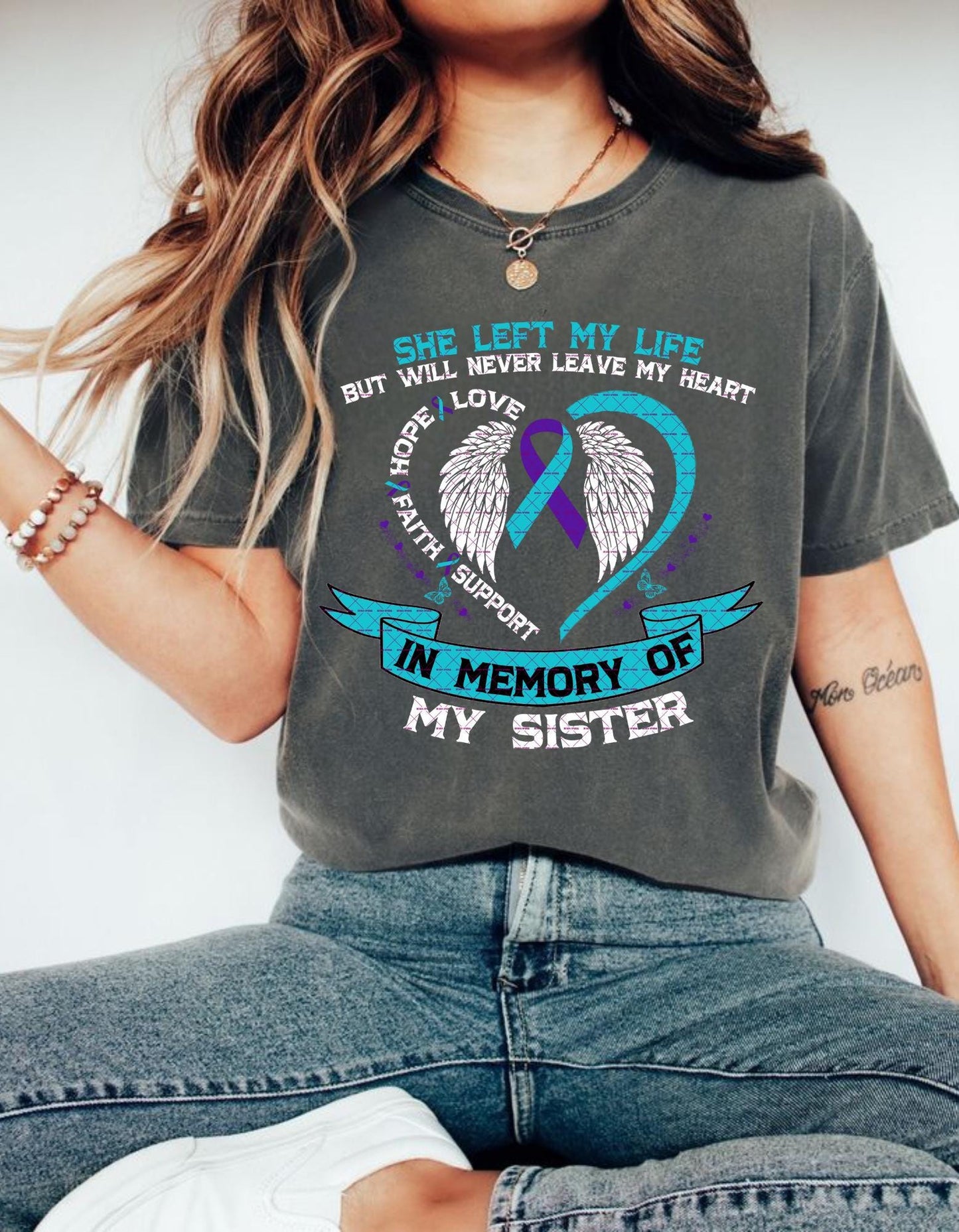 In Memory of My Sister, Teal Purple Ribbon Memorial Shirt, Faith Hope Support Wings Design, Memorial Png, Memorial gift, I missed you today