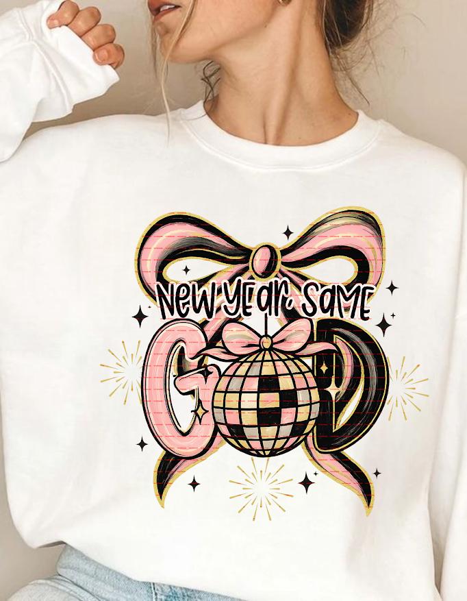 New Year Same God Graphic Tee Png, Faith Christian Disco Ball Bow Design, Spiritual Motivation New Year, Cute Religious Gift Sweatshirt