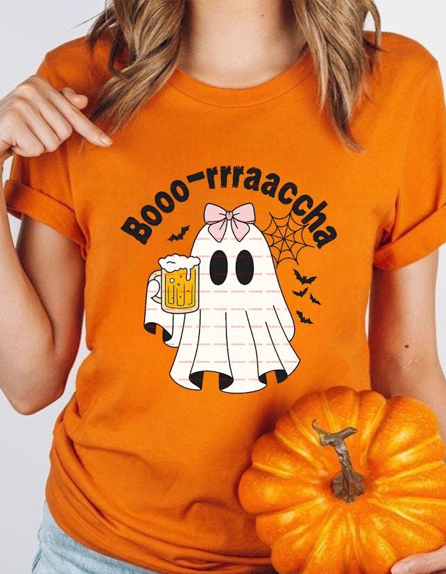 Funny Halloween Ghost With Beer Mug And Pink Bow Boo Rraaccha Design, Cute Spooky Drinking Ghost PNG For Sublimation Shirts, boo racha png