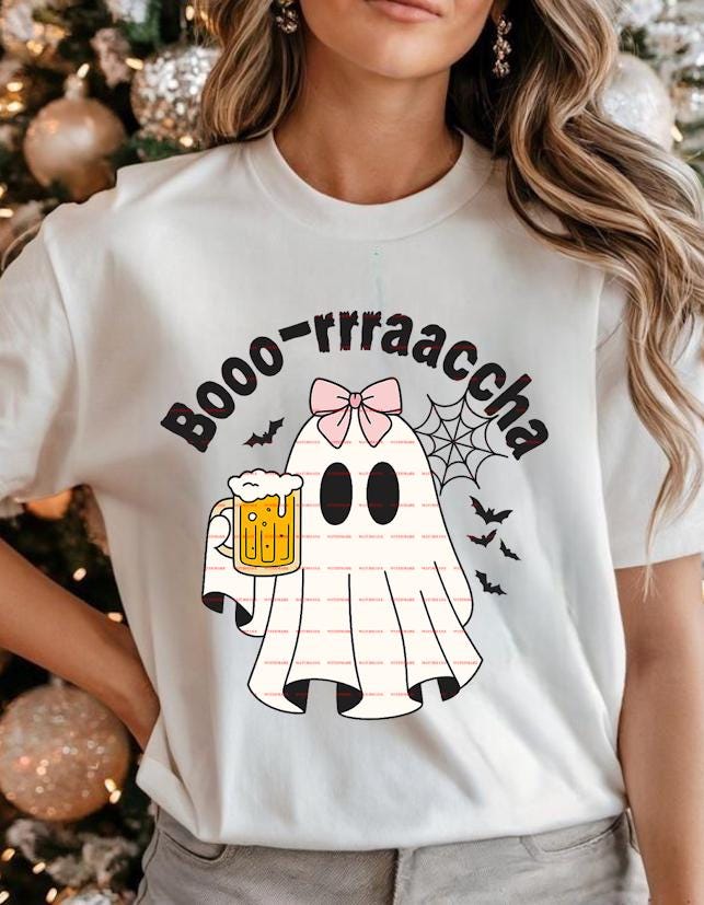 Funny Halloween Ghost With Beer Mug And Pink Bow Boo Rraaccha Design, Cute Spooky Drinking Ghost PNG For Sublimation Shirts, boo racha png