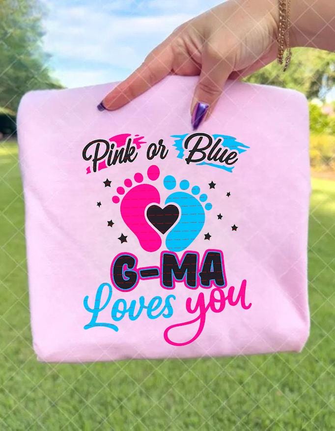 Pink or Blue G-Ma Loves You Shirt Png file, Gender Reveal Tee, Baby Shower Announcement Gift, Cute Pregnancy Reveal Footprint Heart Design