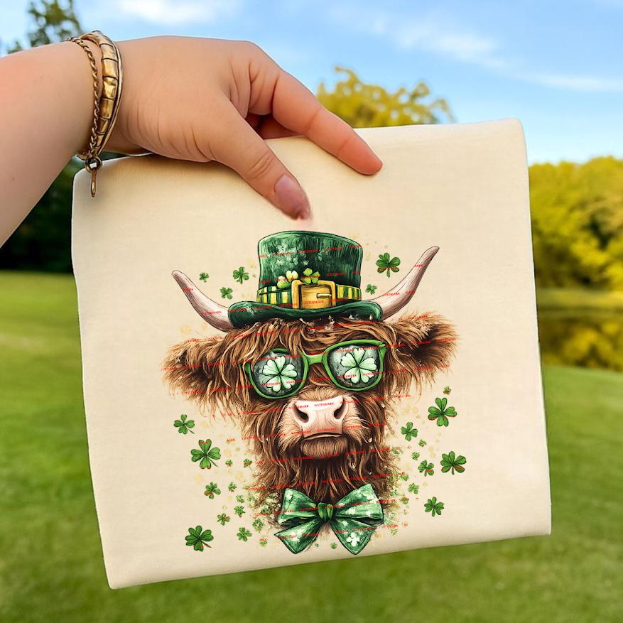 St. Patrick’s Day Highland Cow Shirt design, Cute Shamrock Cow with Leprechaun Hat, Lucky Irish Cow T-Shirt Png