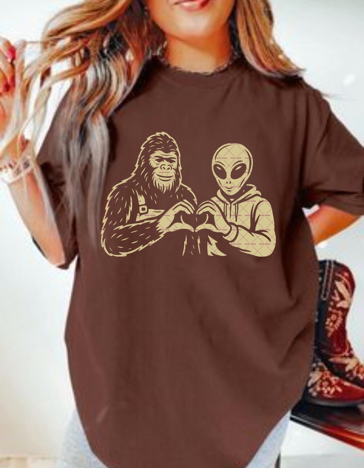 Cryptid Funny Friend Shirt Png, Alien Heart Hands and Bigfoot Svg Png file, School Stickers, Cartoon Svg file, Png file