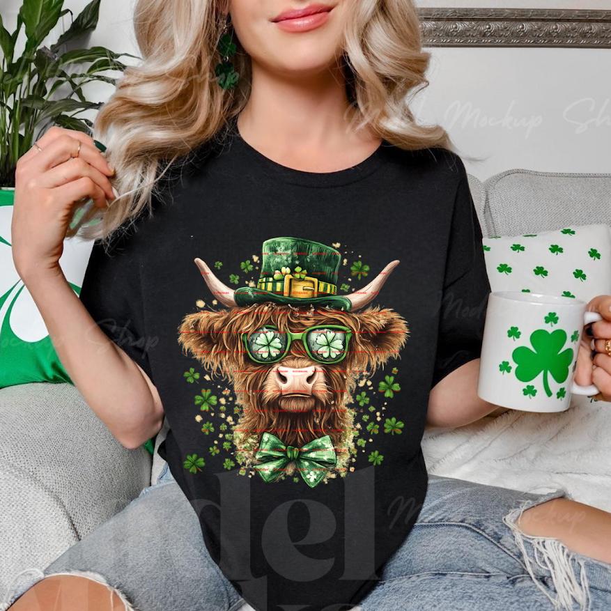 St. Patrick’s Day Highland Cow Shirt design, Cute Shamrock Cow with Leprechaun Hat, Lucky Irish Cow T-Shirt Png
