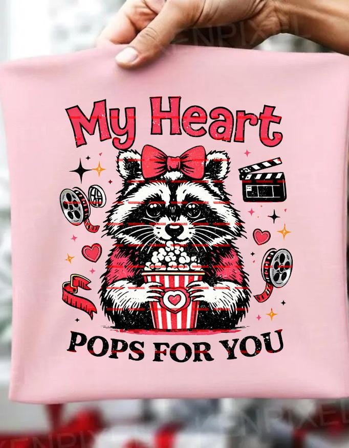 My Heart Pops For You PNG, Funny Valentine Raccoon Design, Cute Movie Night Love PNG, Valentine Sublimation File, Romantic Animal Shirt Png