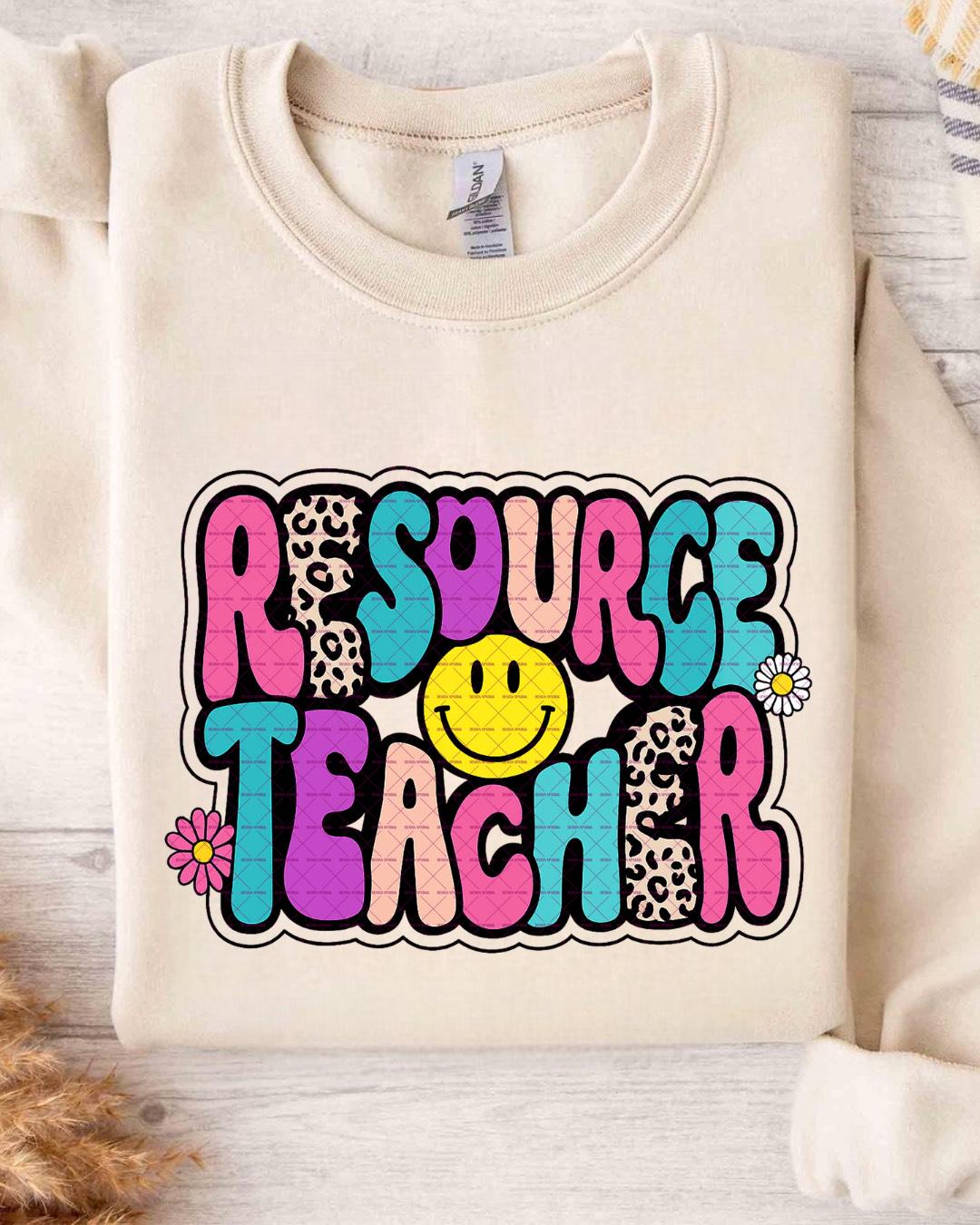 Retro Resource Teacher Png, Leopard Print Smiley Face Teacher Sublimation Png, Cute Colorful Teaching Png for Back to School Shirt, Girls