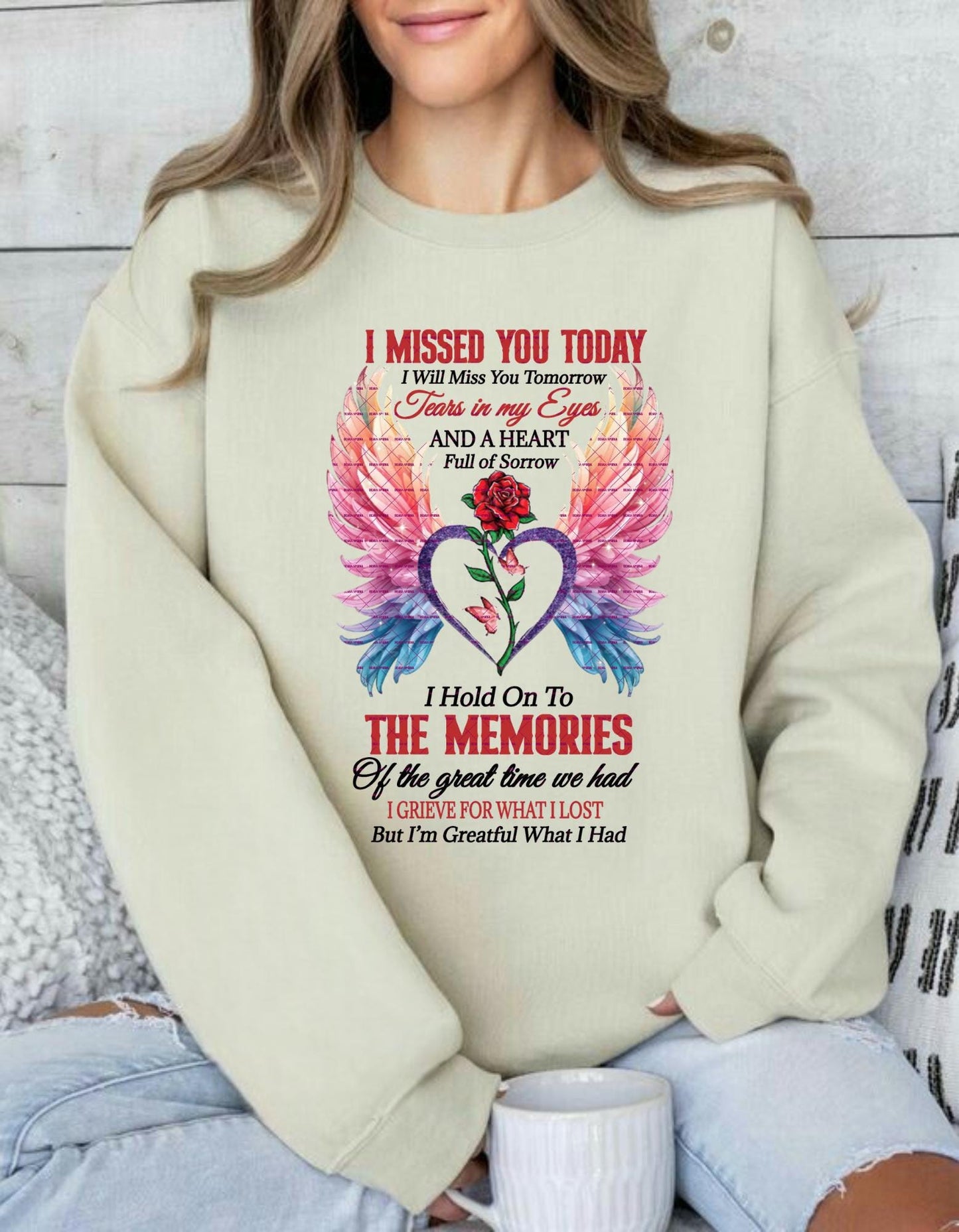 Memorial Tribute T Shirt Png, I Missed You Today, Angel Wings and Rose Heart Design, Sympathy Gift for Loss and Remembrance In loving memory
