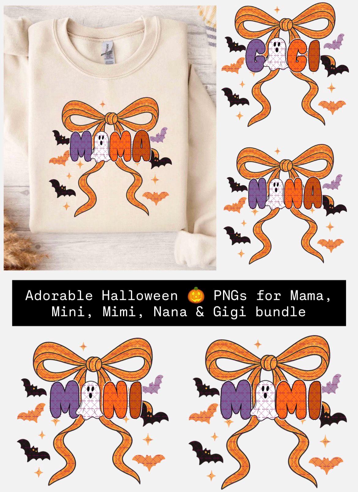 Halloween Ghost PNG Bundle for Mama Mimi Mini Gigi Nana, Spooky Family Matching Bats Bow Sublimation, Cute Ghost Fall Halloween Shirt Design