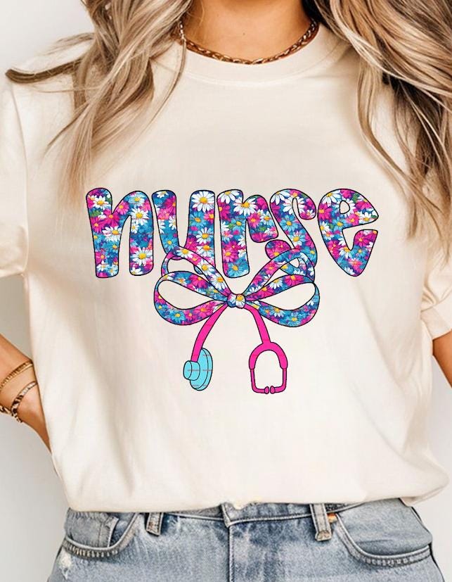 Floral Nurse Shirt, Cute Daisy Stethoscope Bow Nurse Tee, Nursing Student Gift, RN LPN Healthcare Worker Appreciation Shirt, Gift for nurse