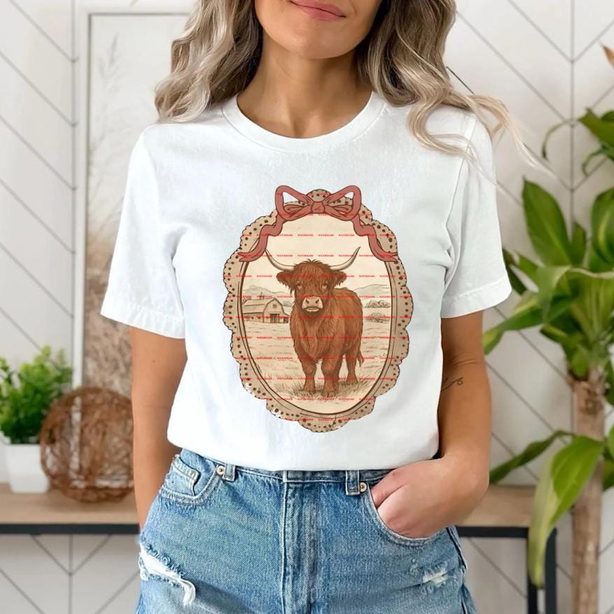 Highland Cow Vintage Shirt Design, Rustic Farm Cow PNG, Western Country Aesthetic, Boho Farmhouse Cow Art, Cute animal png file
