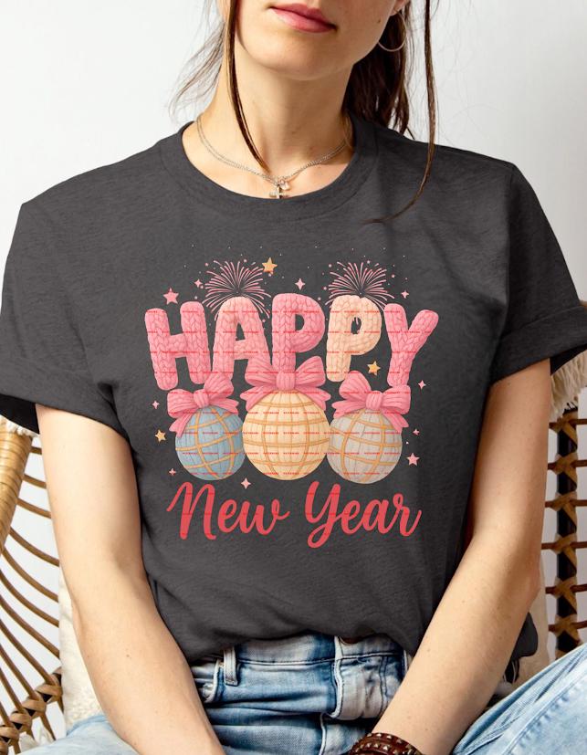 Happy New Year Shirt PNG, Festive Bow Ornament PNG, Holiday Celebration Sublimation Design, Digital Download, Shirts Png, New Year Fireworks