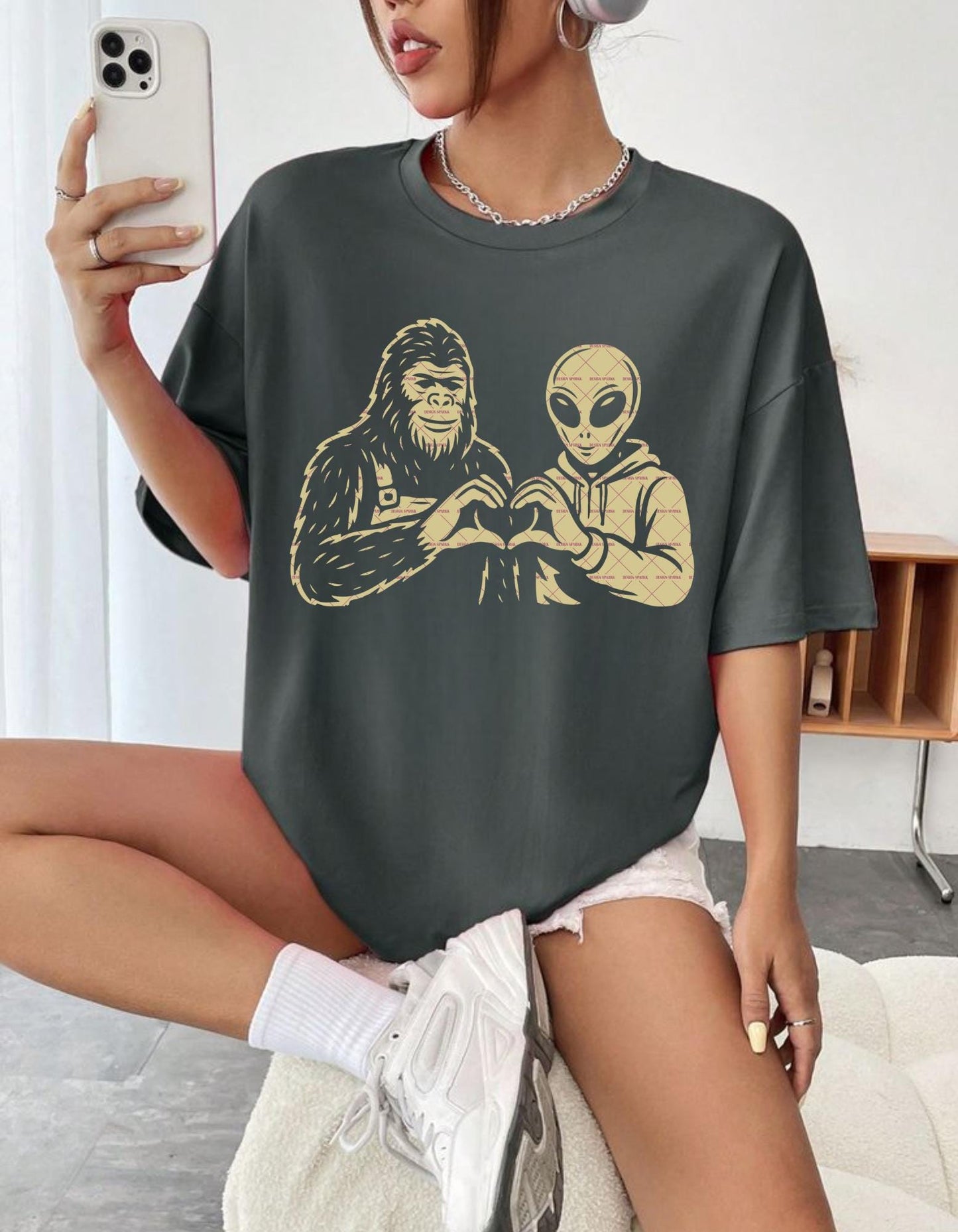 Cryptid Funny Friend Shirt Png, Alien Heart Hands and Bigfoot Svg Png file, School Stickers, Cartoon Svg file, Png file