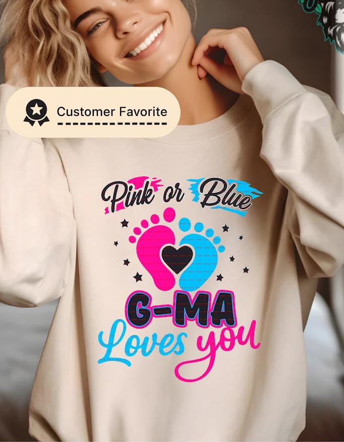 Pink or Blue G-Ma Loves You Shirt Png file, Gender Reveal Tee, Baby Shower Announcement Gift, Cute Pregnancy Reveal Footprint Heart Design