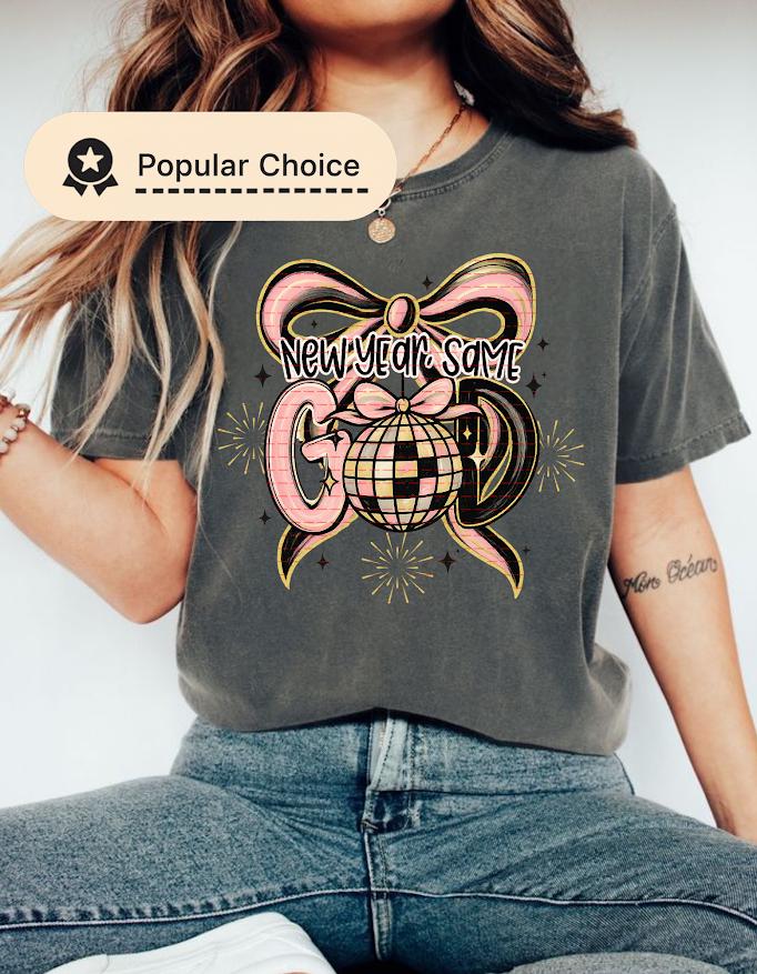 New Year Same God Graphic Tee Png, Faith Christian Disco Ball Bow Design, Spiritual Motivation New Year, Cute Religious Gift Sweatshirt