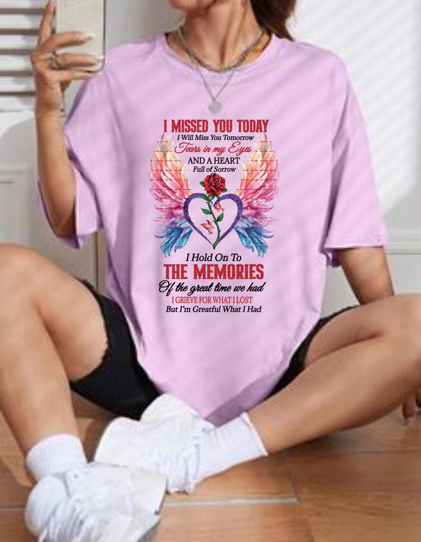 Sympathy Gift for Loss and Remembrance In loving memory, Memorial Tribute T Shirt Png, I Missed You Today, Angel Wings and Rose Heart Design