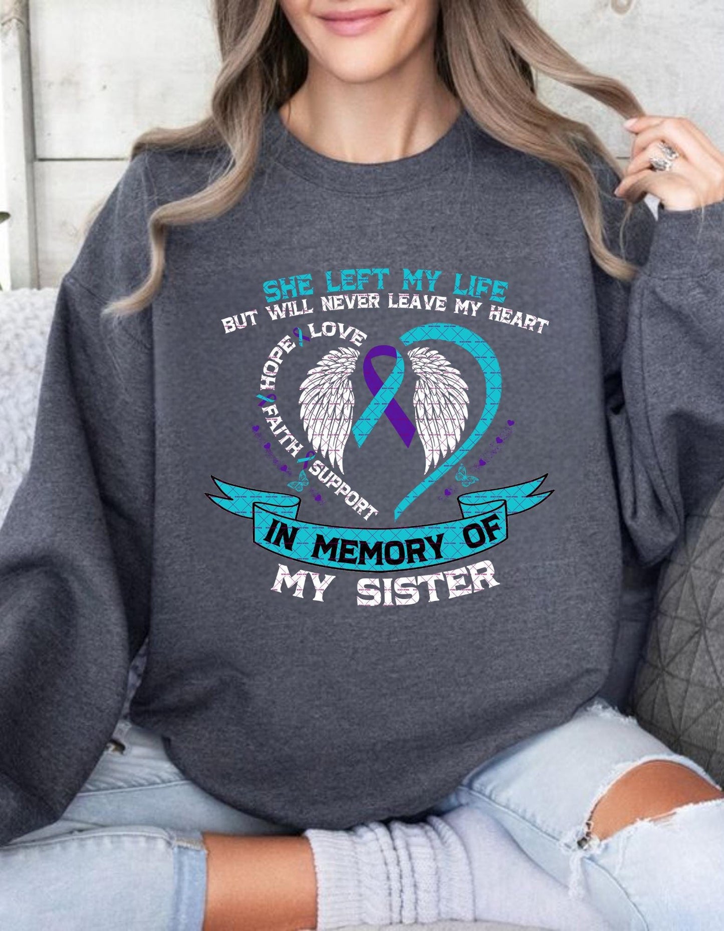 In Memory of My Sister, I missed you today, Teal Purple Ribbon Memorial Shirt, Faith Hope Support Wings Design, Memorial Png, Memorial gift