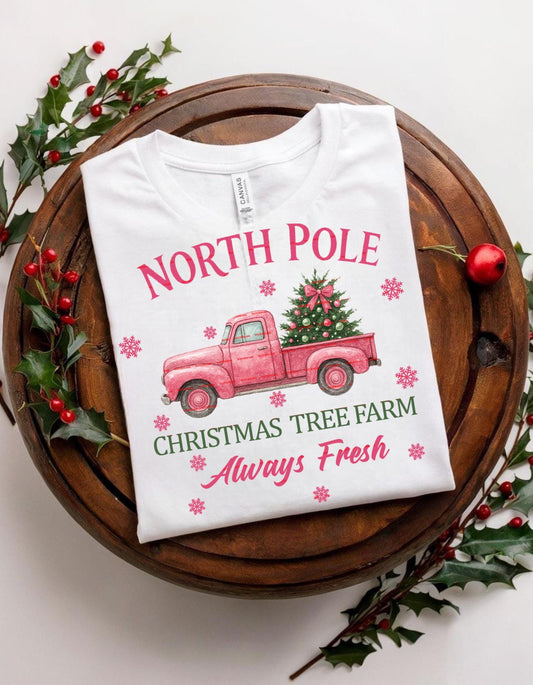 Vintage Pink Christmas Truck with Tree, North Pole Farm Fresh Tree Delivery, Retro Holiday Watercolor Art, Festive Winter Sublimation Design