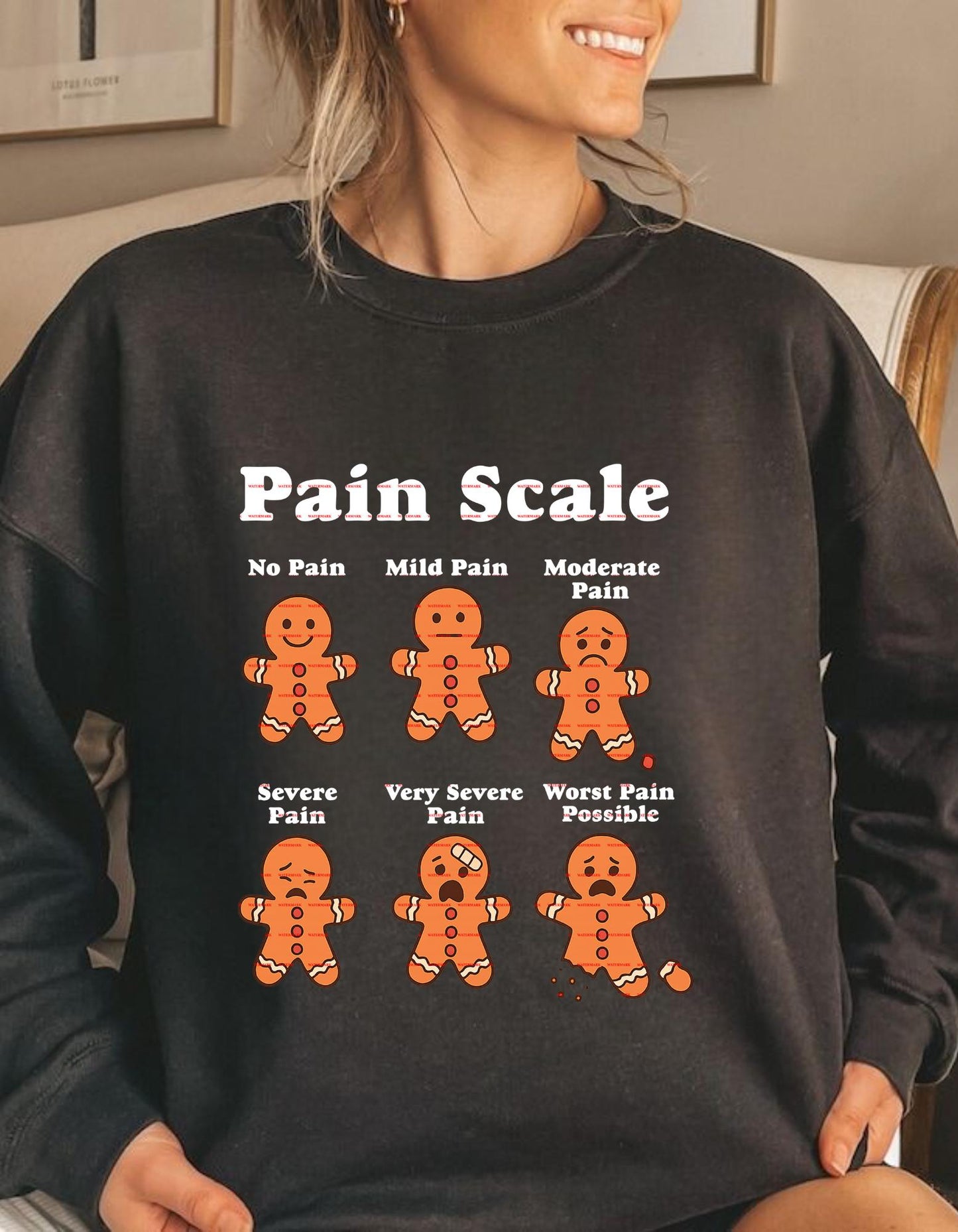 Funny Gingerbread Man Pain Scale Shirt design, Holiday Injury Humor Tee, Christmas Baking Pun Sweatshirt, Festive Cookie Lover Gift Idea