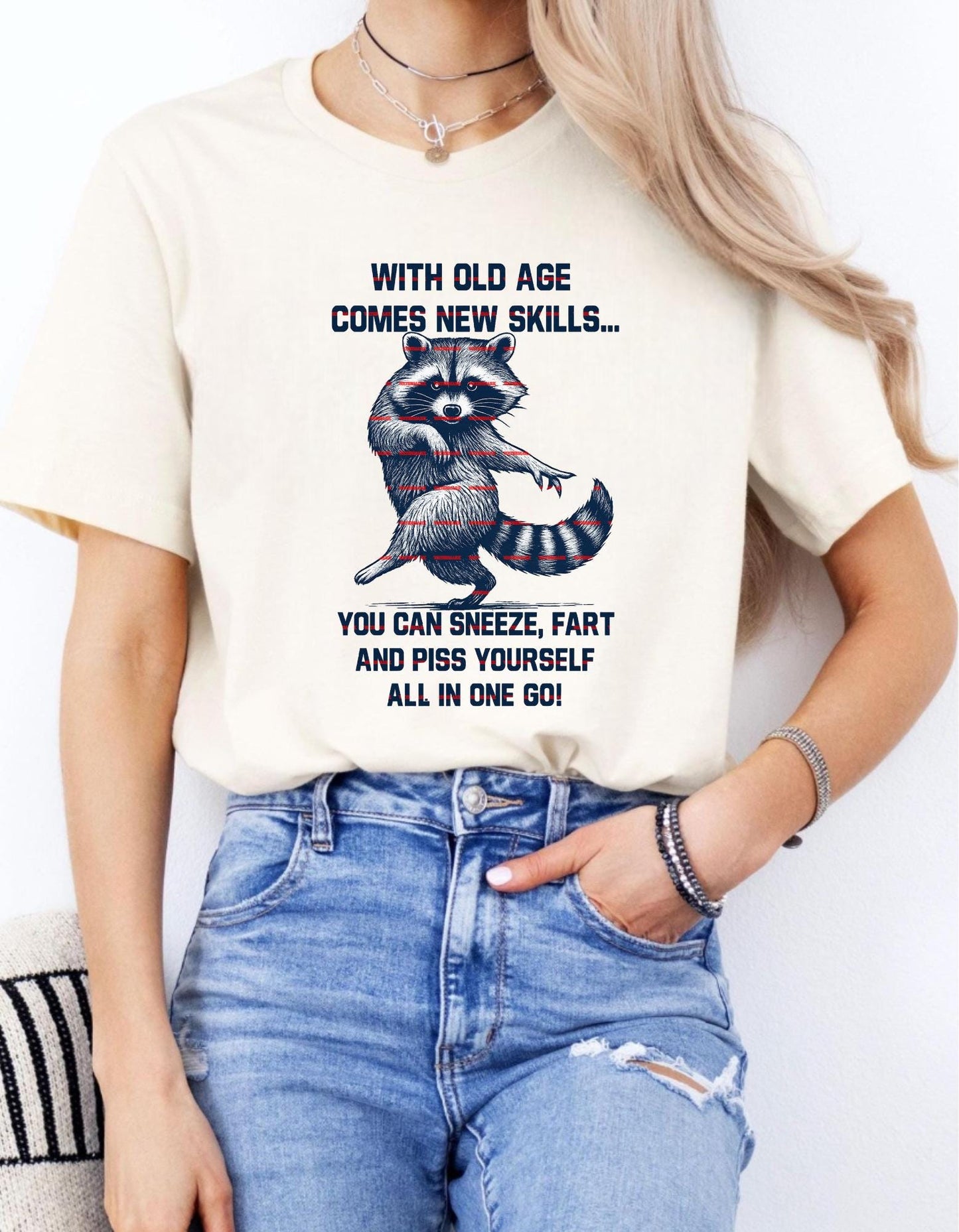Funny Raccoon Old Age Quote PNG, Adult Humor Mug Design, With Old Age Comes New Skill Png, Sarcastic Sneeze Fart Joke Sublimation, Girls png