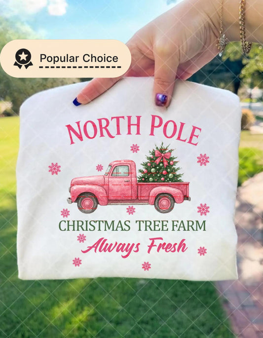 Vintage Pink Christmas Truck with Tree, North Pole Farm Fresh Tree Delivery, Retro Holiday Watercolor Art, Festive Winter Sublimation Design