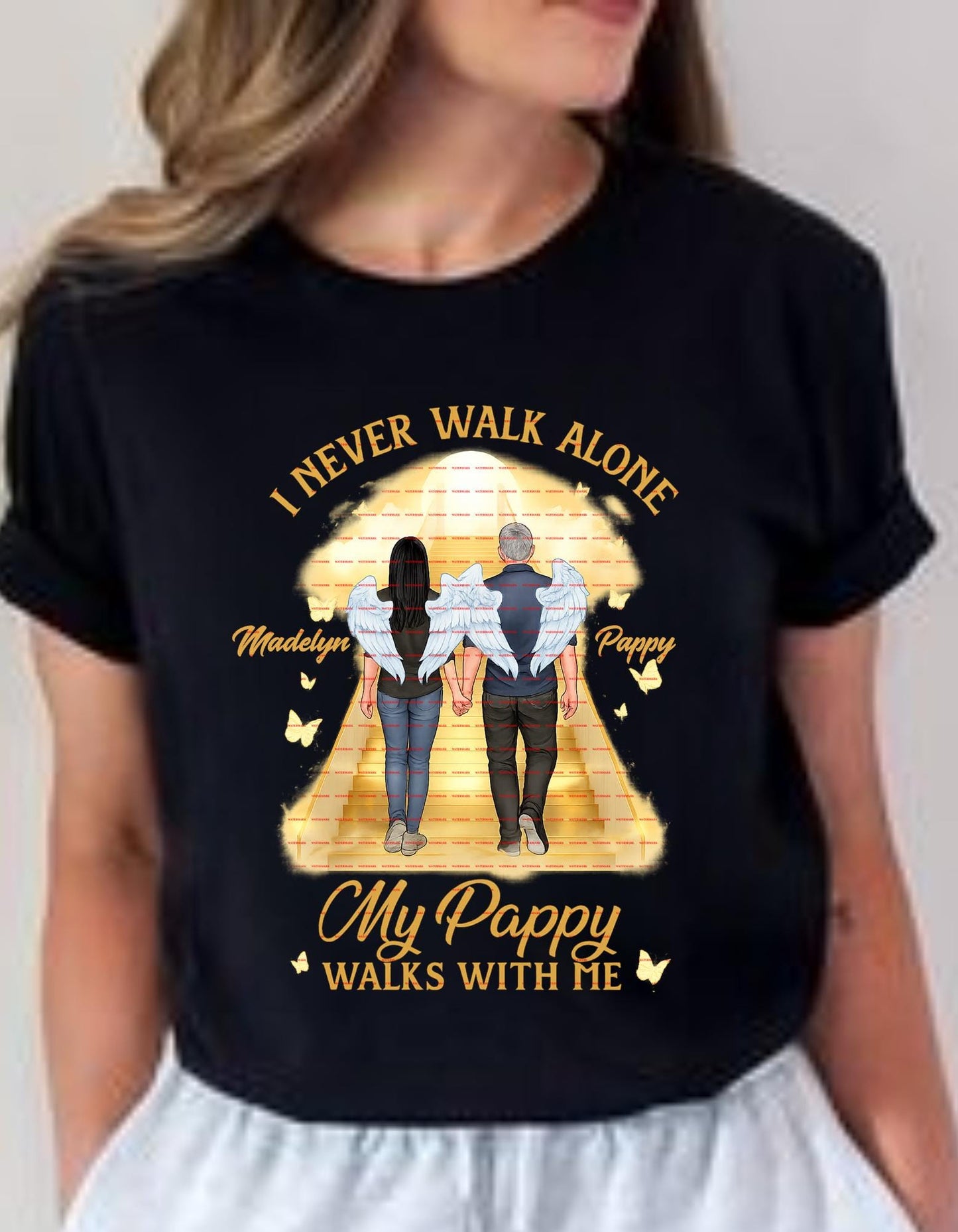 I Never Walk Alone Memorial Shirt Png, My Pappy Walks With Me, Personalized Angel Family Heaven Remembrance Gift, Custom Loss Tribute Tee
