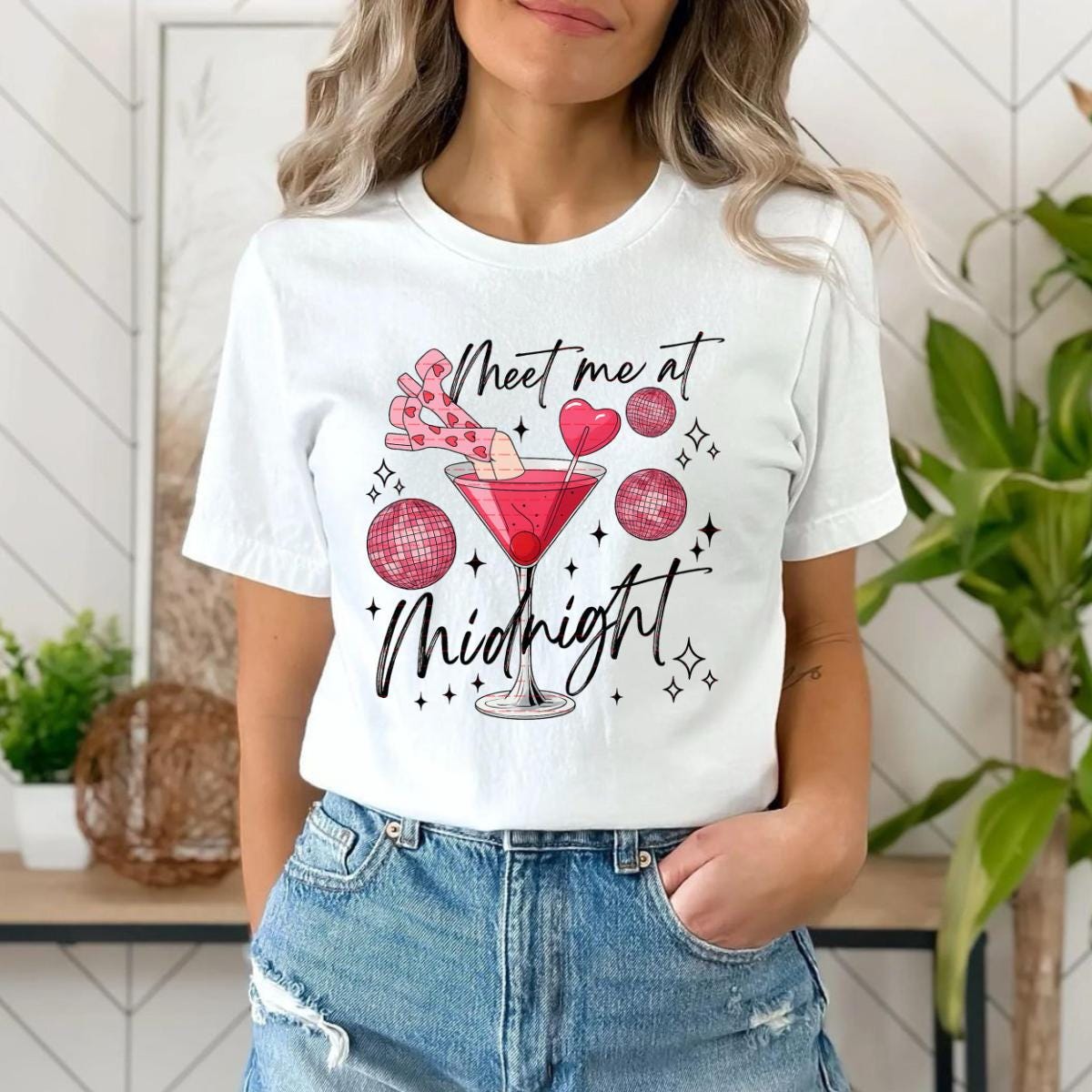 Meet Me at Midnight PNG, New Year Cocktail Sublimation, Pink Martini Drink Png, Midnight Kiss Shirt Design, Glitter NYE Party PNG for Shirts