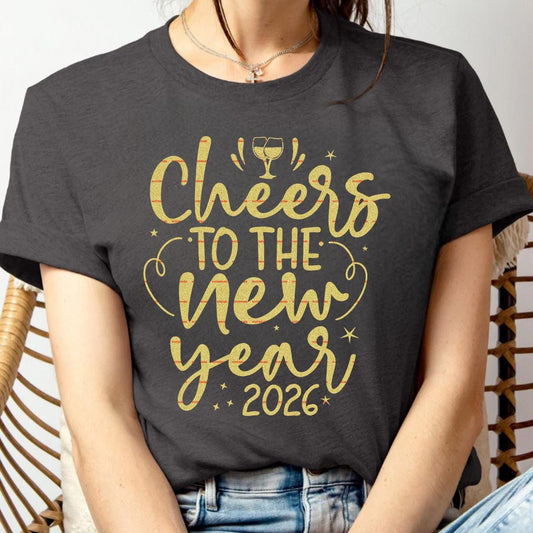 Cheers to the New Year 2026 PNG, Gold Glitter New Year Sublimation, NYE Typography PNG, Champagne Glasses Clipart, New Year Shirt Design