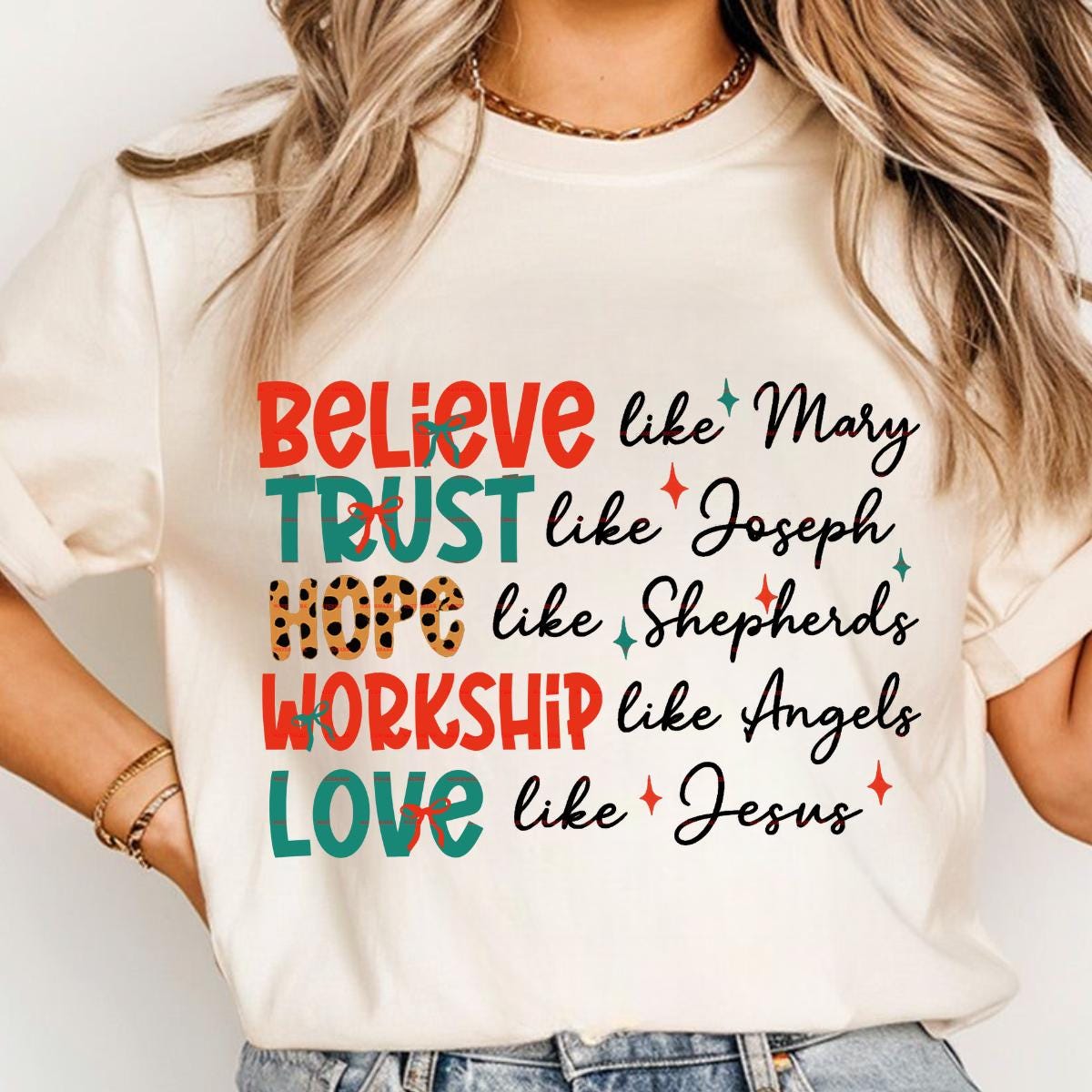 Jesus Png,Believe Trust Hope Worship Love Like Jesus Mary Joseph Shepherds Angels Christmas tee design, Faith Gift, Religious Holiday Tee