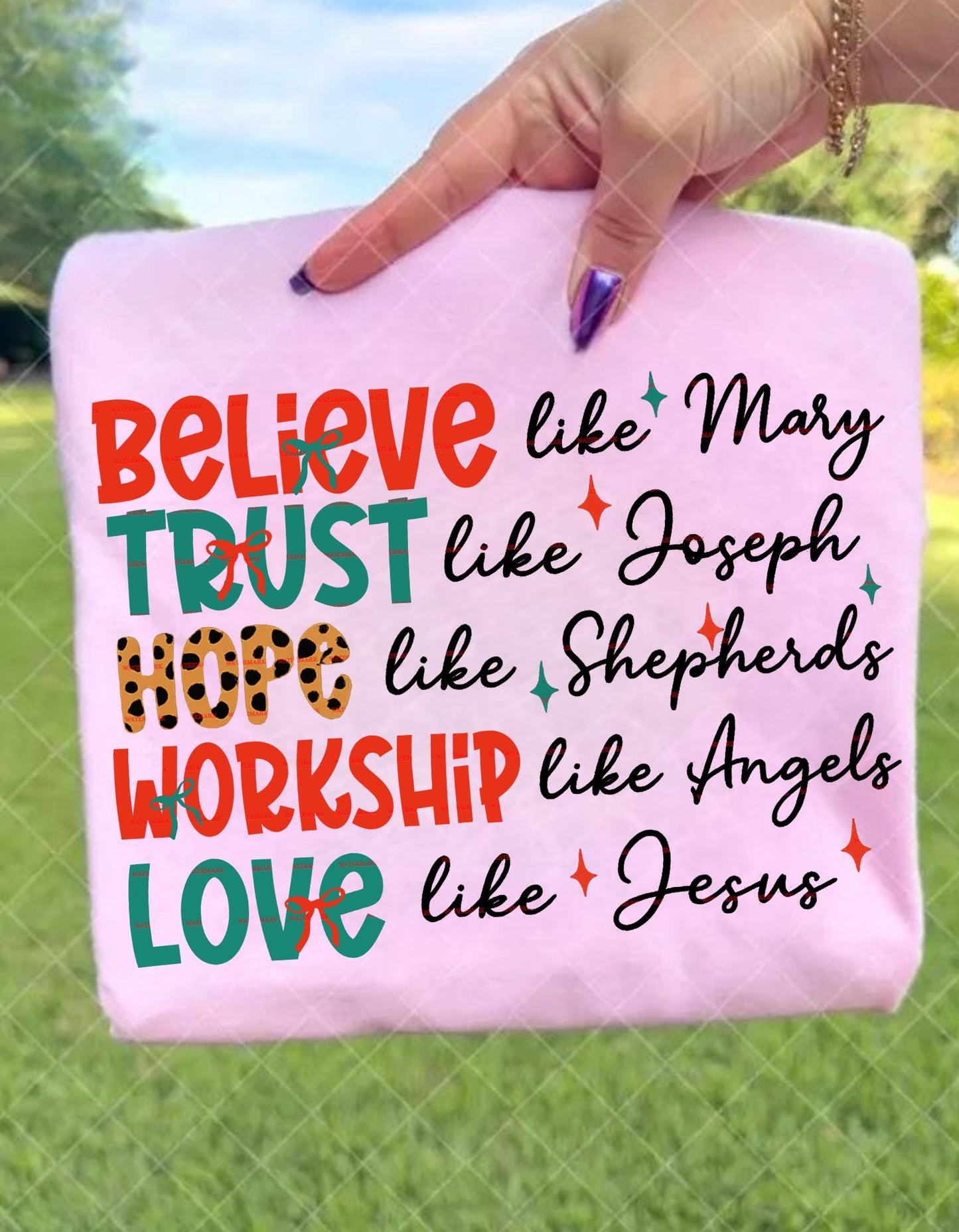 Jesus Png,Believe Trust Hope Worship Love Like Jesus Mary Joseph Shepherds Angels Christmas tee design, Faith Gift, Religious Holiday Tee