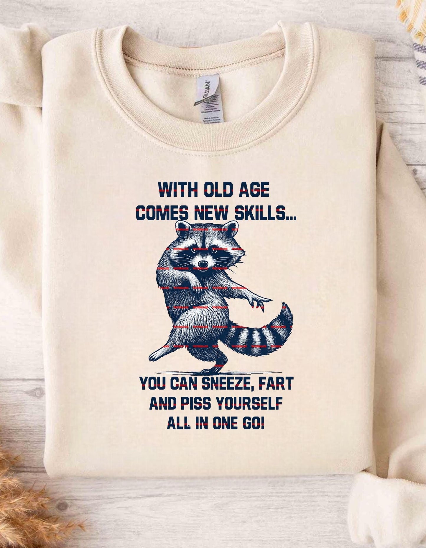 Funny Raccoon Old Age Quote PNG, Adult Humor Mug Design, With Old Age Comes New Skill Png, Sarcastic Sneeze Fart Joke Sublimation, Girls png