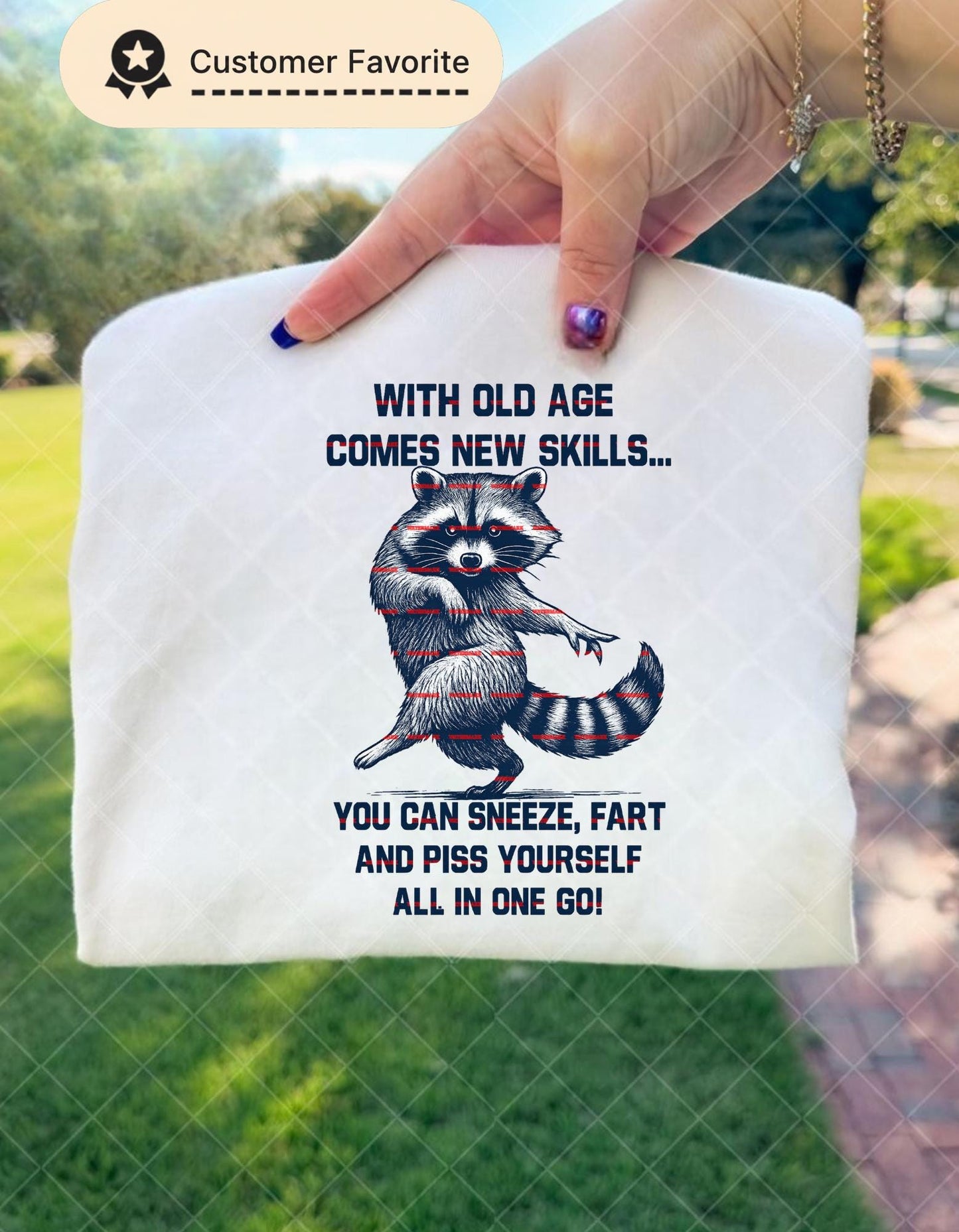 Funny Raccoon Old Age Quote PNG, Adult Humor Mug Design, With Old Age Comes New Skill Png, Sarcastic Sneeze Fart Joke Sublimation, Girls png