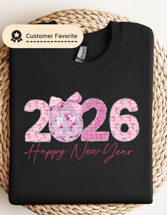 2026 Pink New Year PNG, Girly Disco Ball Png, Glitter New Year Sublimation, Bow Aesthetic PNG, Cute New Year Shirt Design, Retro NYE Graphic