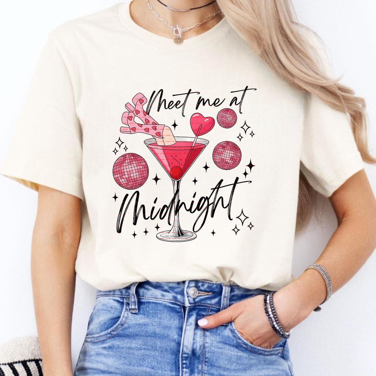 Meet Me at Midnight PNG, New Year Cocktail Sublimation, Pink Martini Drink Png, Midnight Kiss Shirt Design, Glitter NYE Party PNG for Shirts