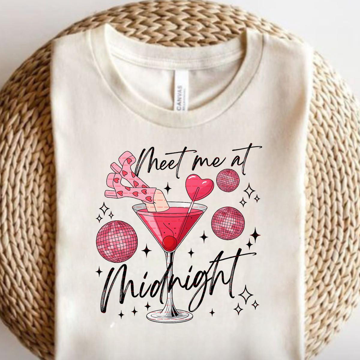 Meet Me at Midnight PNG, New Year Cocktail Sublimation, Pink Martini Drink Png, Midnight Kiss Shirt Design, Glitter NYE Party PNG for Shirts