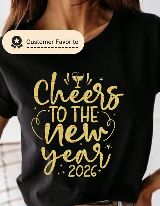 Cheers to the New Year 2026 PNG, Gold Glitter New Year Sublimation, NYE Typography PNG, Champagne Glasses Clipart, New Year Shirt Design
