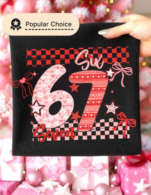 Coquette Valentine 67 PNG, Six Seven Number Design, Pink Red Hearts Bow Clipart, Valentine Sublimation, Trendy Aesthetic PNG for valentine