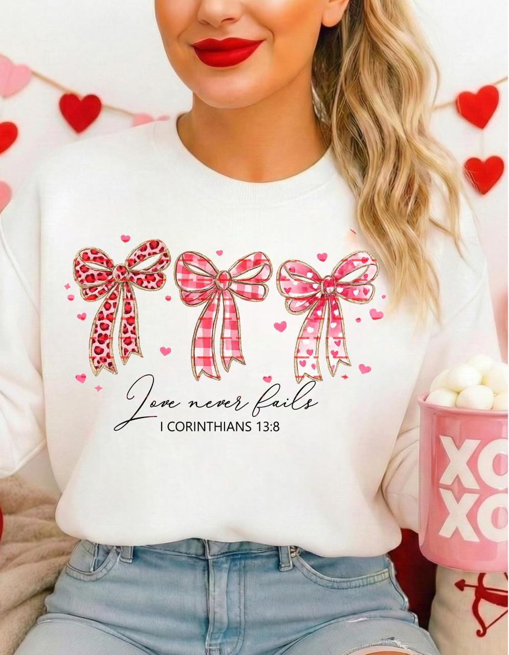 Love Never Fails PNG, Christian Design, Faith Bow Valentine PNG, Bible Verse Digital Download, Christian Valentine shirt design png file