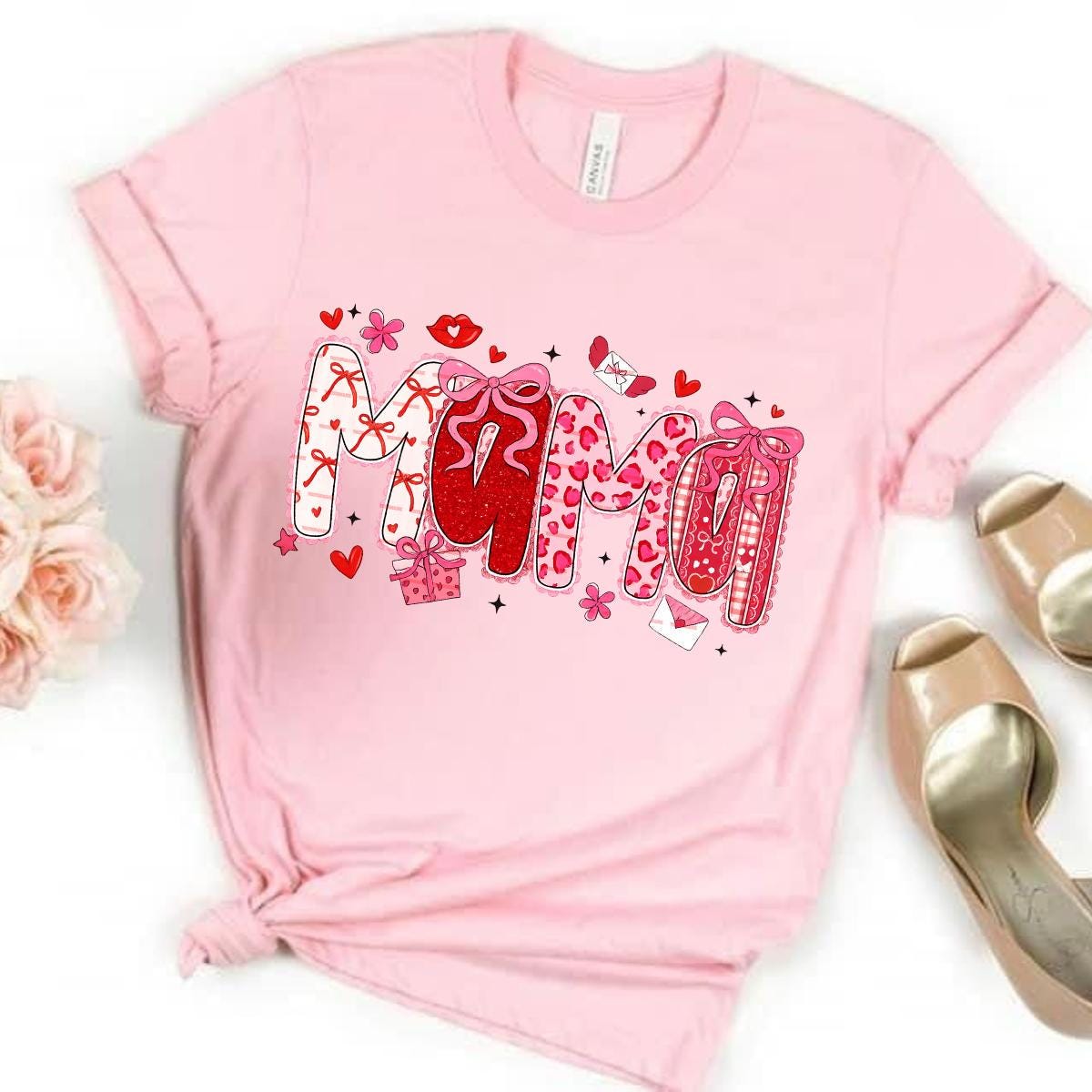 Mama Valentine Graphic Shirt design, Cute Pink Red Love Letter Bow Design, Motherhood Valentines Day Tee for Moms, Mama of boys shirt png