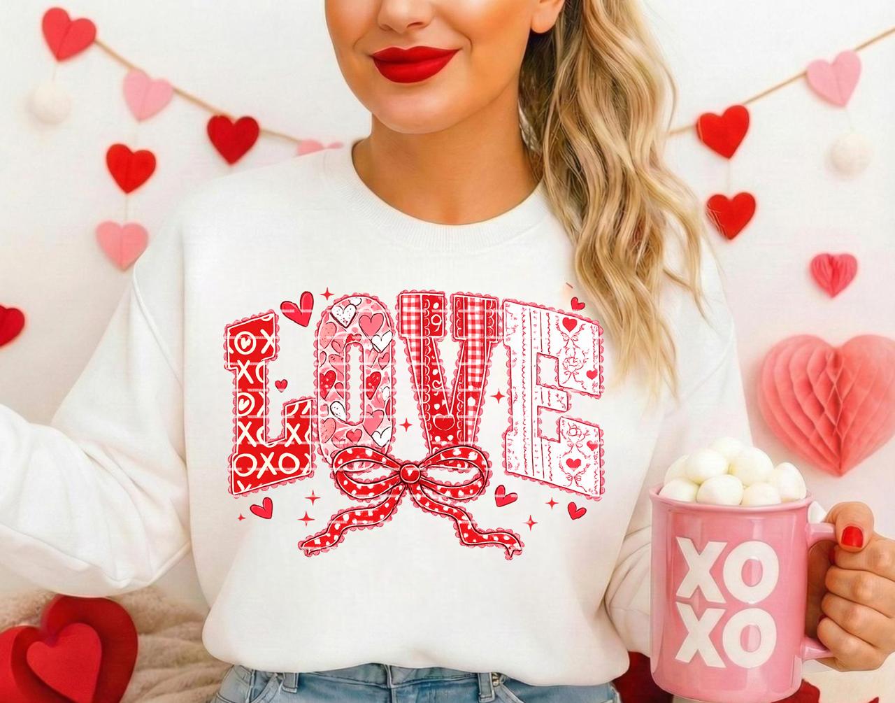 Patchwork Love PNG, Valentine’s Day Love Graphic, Red Hearts Bow Design, Cute Romantic Sublimation, Digital Download, Bow love png, Xoxo png