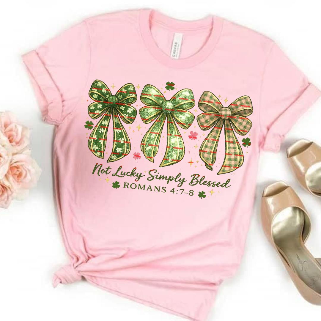 Not Lucky Simply Blessed PNG, St Patrick’s Day Christian, Romans 4:7-8 Bible Verse, Shamrock Bow Sublimation, Faith Shirt Digital Download
