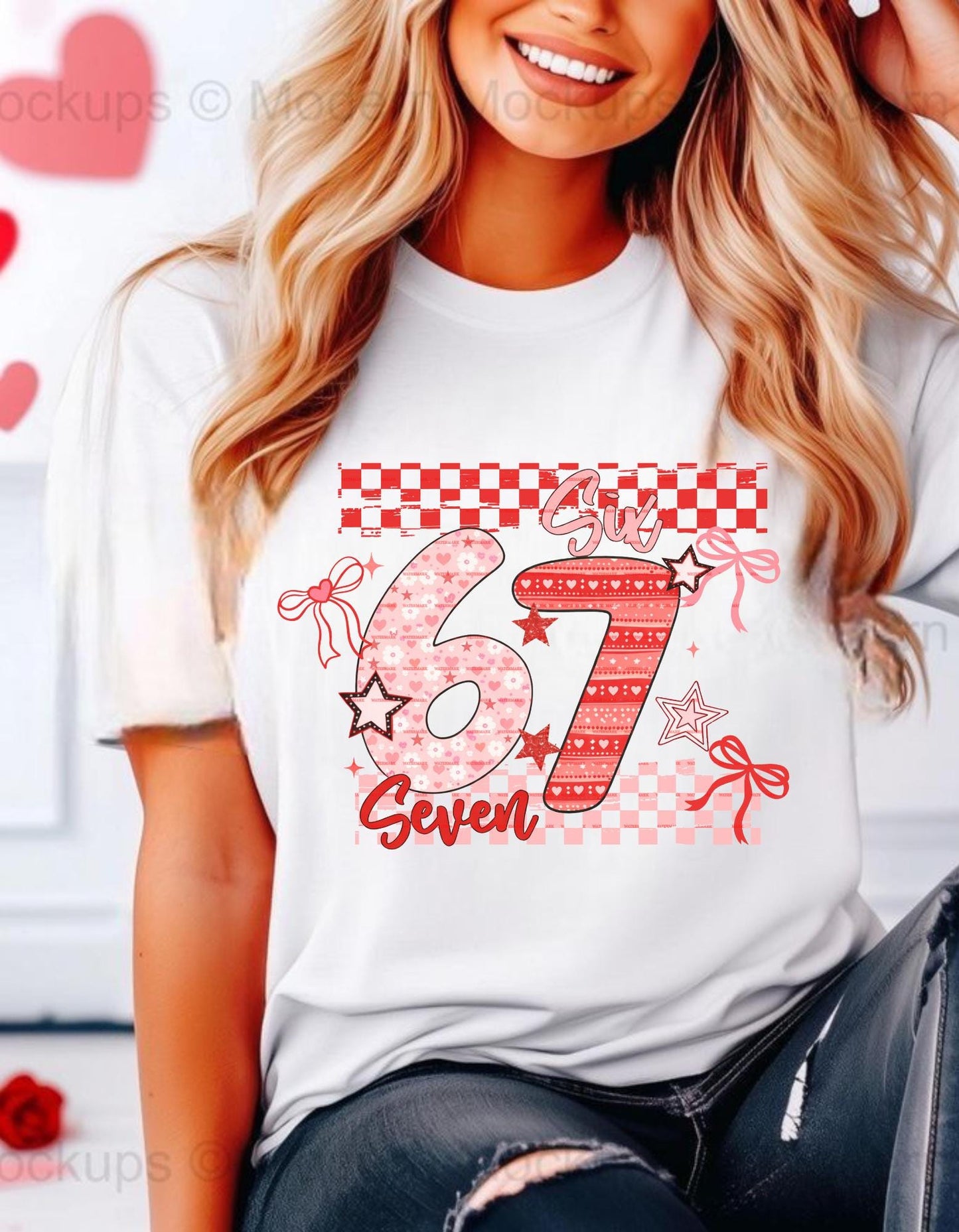 Coquette Valentine 67 PNG, Six Seven Number Design, Pink Red Hearts Bow Clipart, Valentine Sublimation, Trendy Aesthetic PNG for valentine