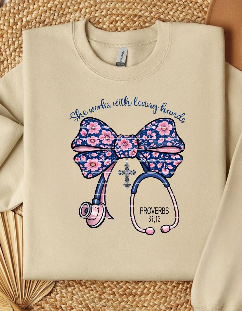 Christian Bow design, She Works With Loving Hands Nurse Shirt, Nurse,Stethoscope Faith Healthcare Worker Gift