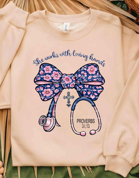 Christian Bow design, She Works With Loving Hands Nurse Shirt, Nurse,Stethoscope Faith Healthcare Worker Gift