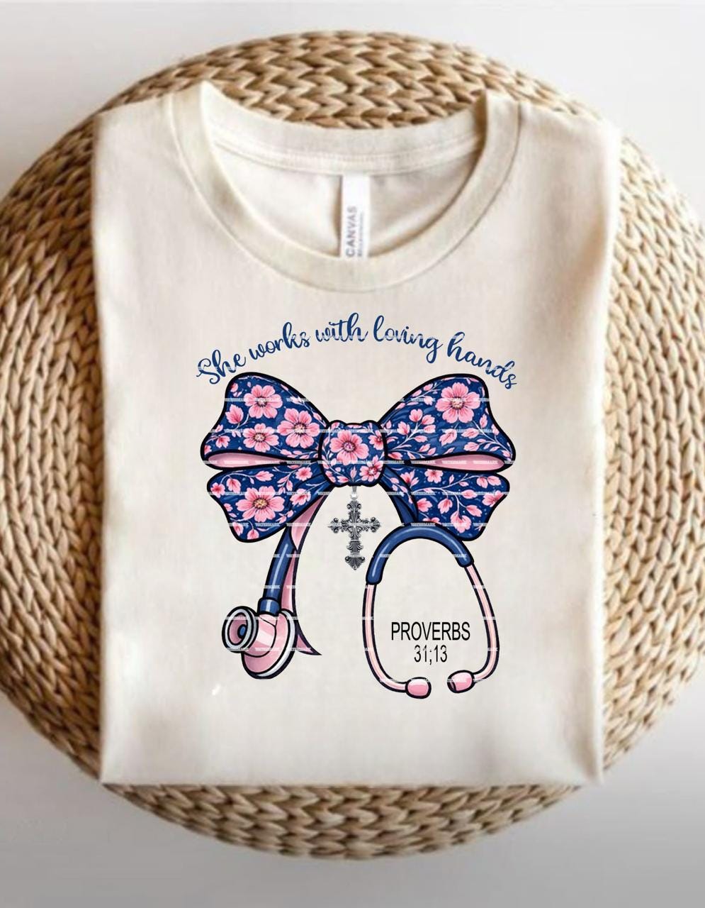 Christian Bow design, She Works With Loving Hands Nurse Shirt, Nurse,Stethoscope Faith Healthcare Worker Gift
