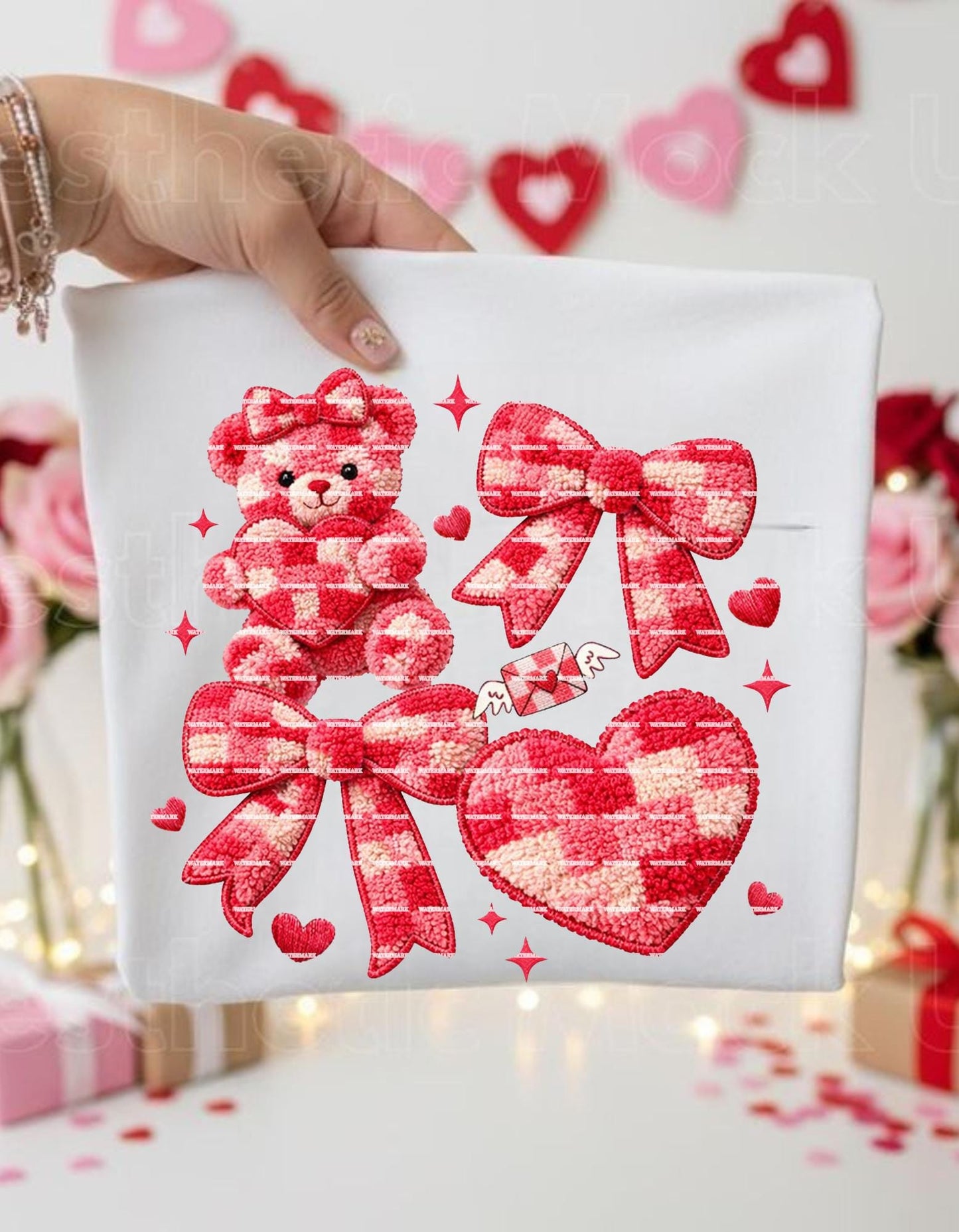 Teddy Bear Bow PNG, Cute Valentine Sublimation Design, Patchwork Heart Bow Artwork, Kids Love Graphic, Baby Shower Gift Art, Valentine gift