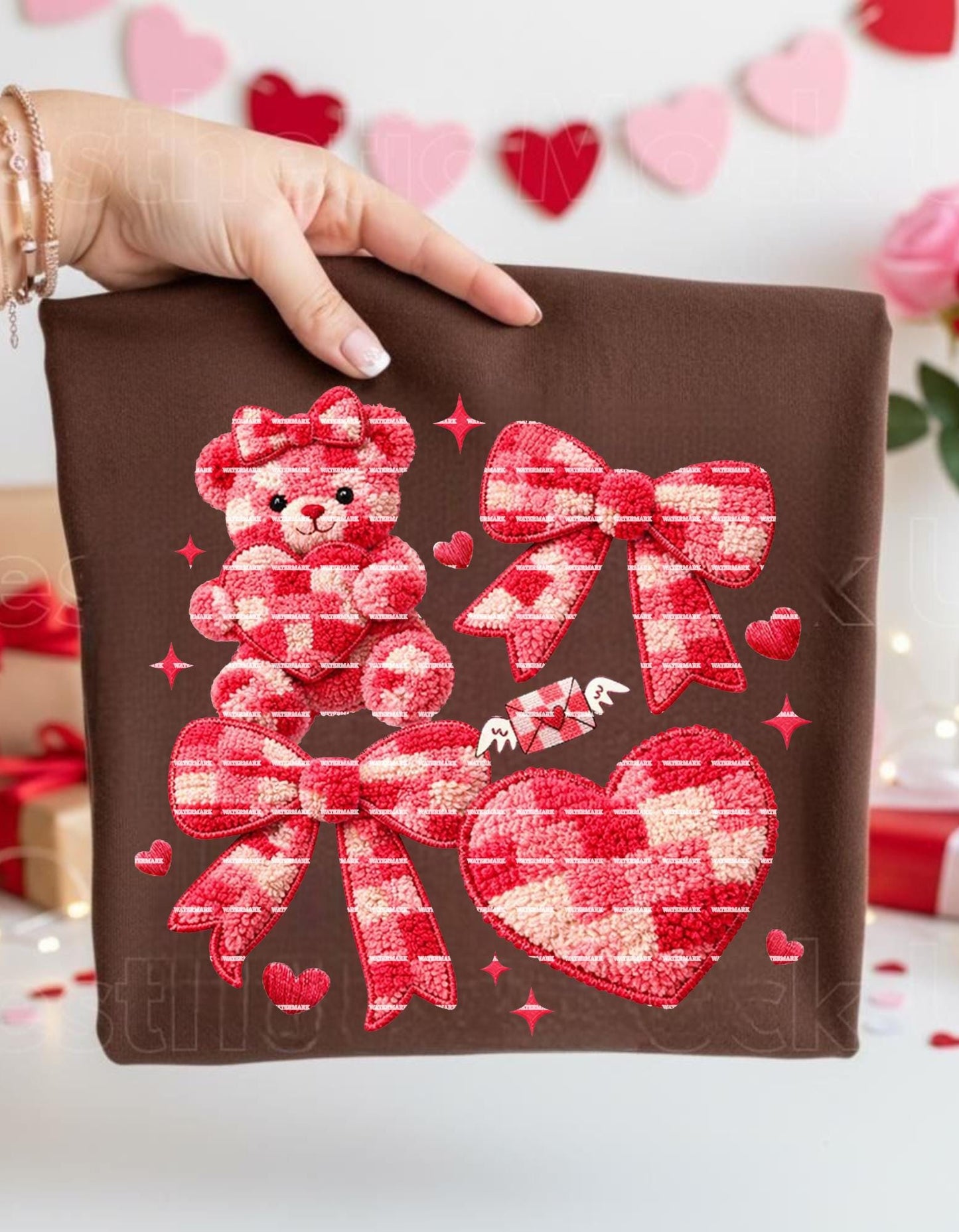 Teddy Bear Bow PNG, Cute Valentine Sublimation Design, Patchwork Heart Bow Artwork, Kids Love Graphic, Baby Shower Gift Art, Valentine gift